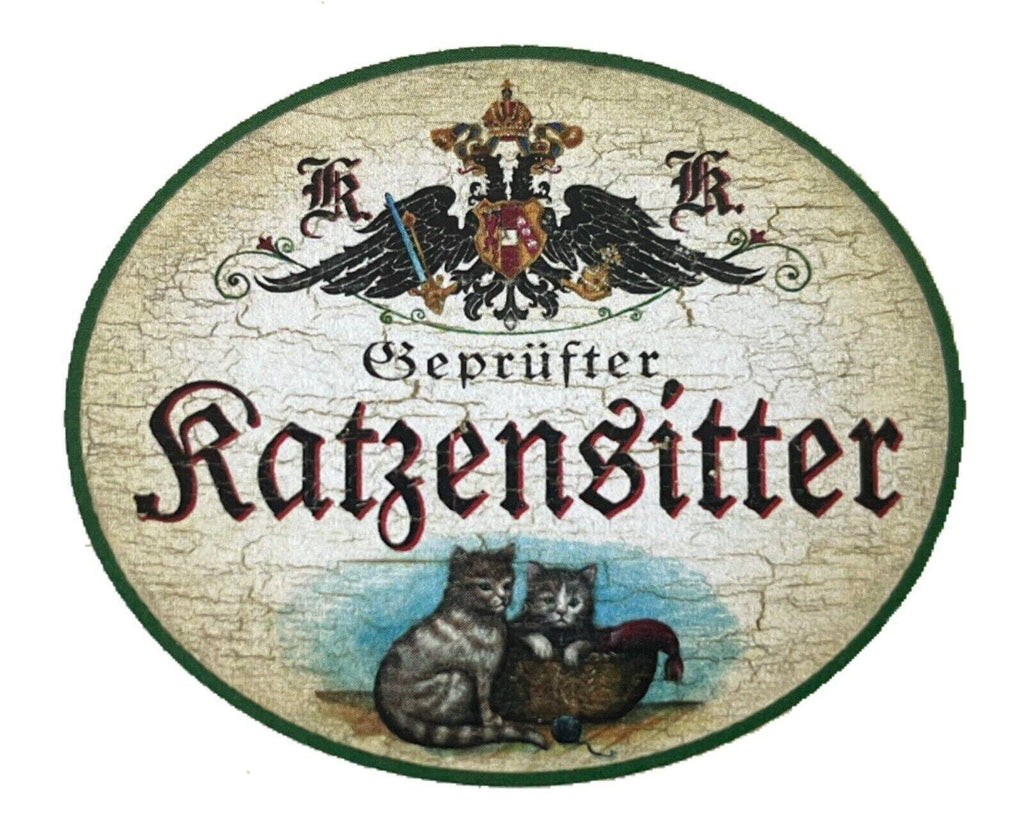Kuk nostalgie holzschild "geprüfter katzensitter" duo katze tabby getigert korb