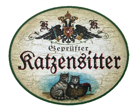 Kuk nostalgie holzschild "geprüfter katzensitter" duo katze tabby getigert korb