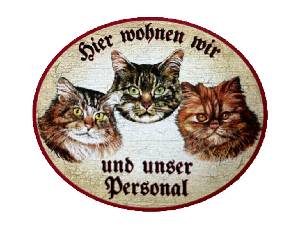 Kuk nostalgie holzschild "hier wohnen wir u.u.personal“ trio katze tabby sib.rot