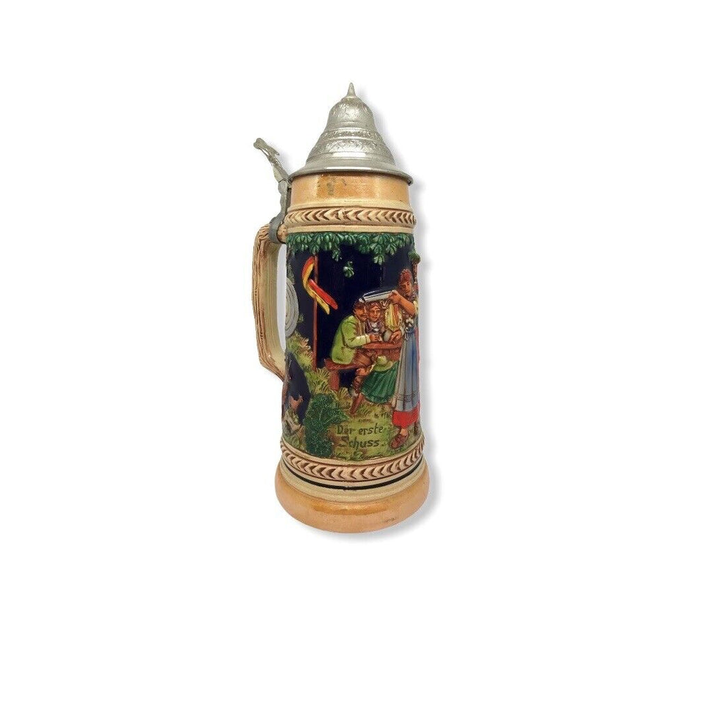 Bierkrug Keramik mit Zinndeckel Der erste Schuss  28cm hoch 42064