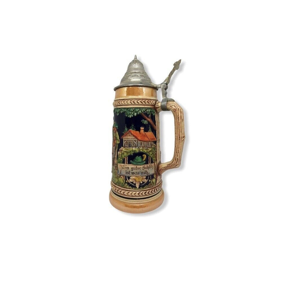 Bierkrug Keramik mit Zinndeckel Der erste Schuss  28cm hoch 42064