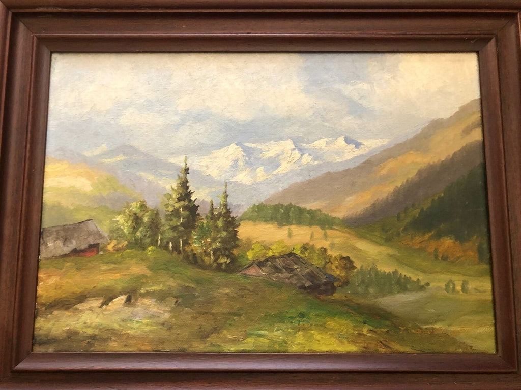 K. Rupprecht um 1935 Berglandschaft Alm Hütte auf Leinen gerahmt 48 x 36 42000