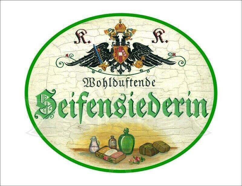 Kuk nostalgie holzschild - wohlduftende seifensiederin - flaschen öl th