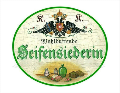 Kuk nostalgie holzschild - wohlduftende seifensiederin - flaschen öl th