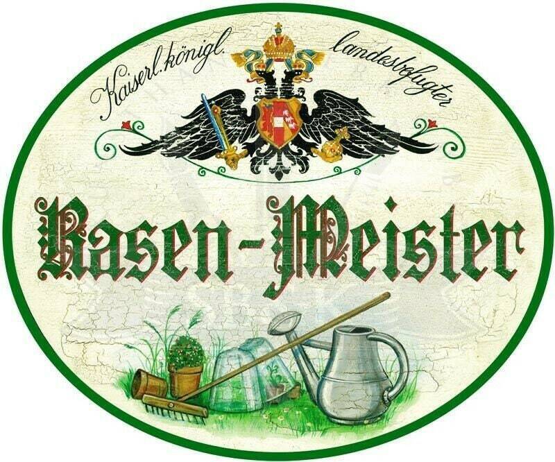 Kuk nostalgie holzschild - landesbefugter rasen-meister - rechen gießkanne th