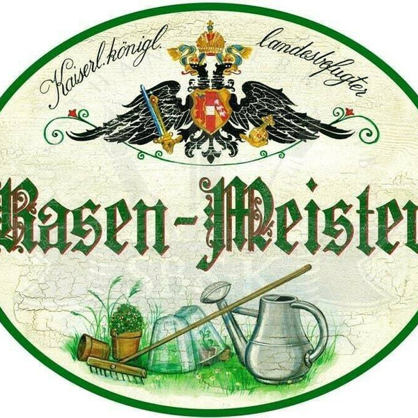 Kuk nostalgie holzschild - landesbefugter rasen-meister - rechen gießkanne th