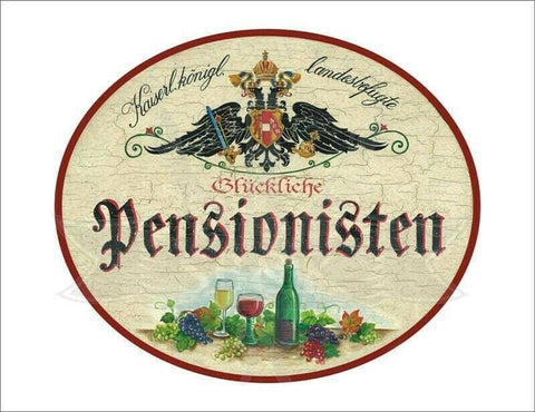 Kuk nostalgie holzschild - landesbef. glückliche pensionisten - weingläser th