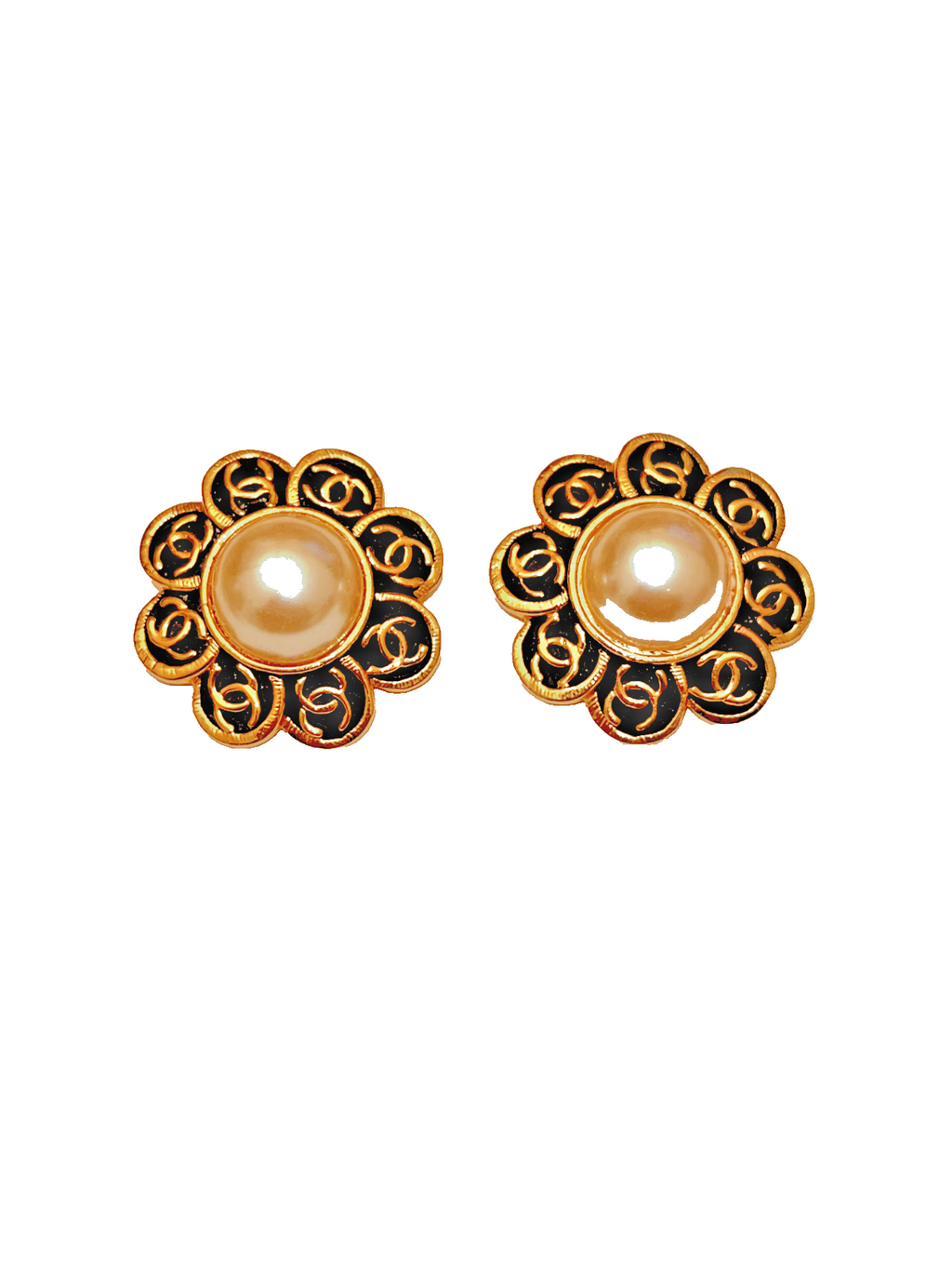 Vintage CHANEL CC Logo BlumenPerlen Ohrringe 40mm Durchm.  R0013