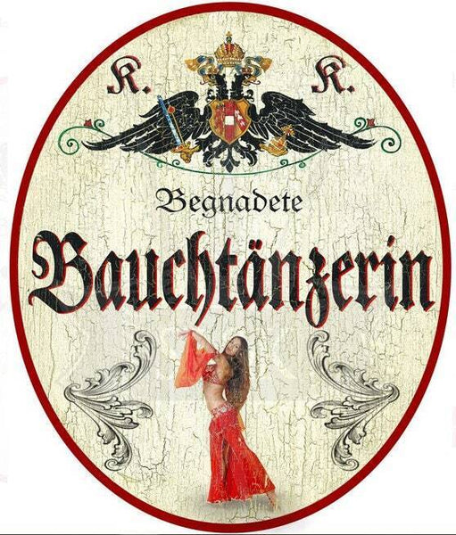 Kuk nostalgie holzschild beganadete bauchtänzerin