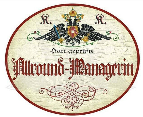 Kuk nostalgie holzschild hart geprüfte allround managerin