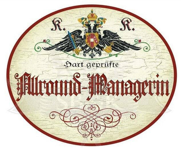 Kuk nostalgie holzschild hart geprüfte allround managerin