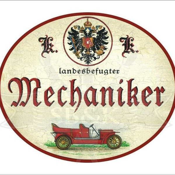 KuK Nostalgie Holzschild - Landesbefugter Mechaniker (Roter Rand) - Auto TH