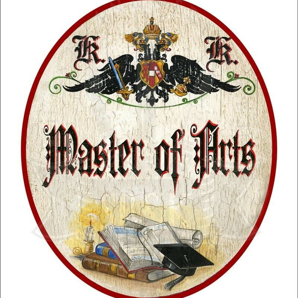 KuK Nostalgie Holzschild - Master of Arts - Bücher Studentenhut TH