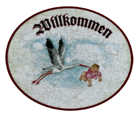Nostalgie Holzschild Willkommen Storch Baby Geburt Kind Neugeborenes Schild