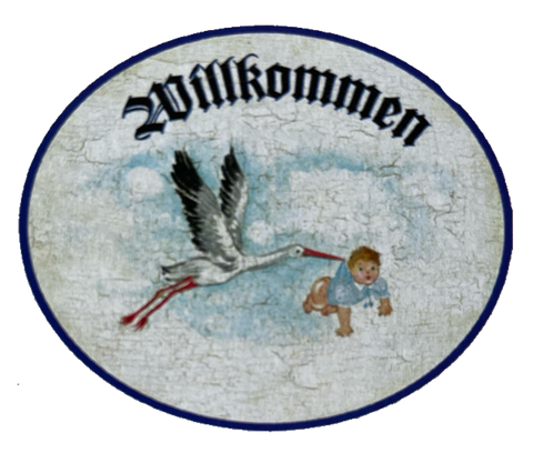 Nostalgie Holzschild Willkommen Storch Baby Geburt Kind Neugeborenes Schild