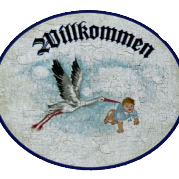 Nostalgie Holzschild Willkommen Storch Baby Geburt Kind Neugeborenes Schild