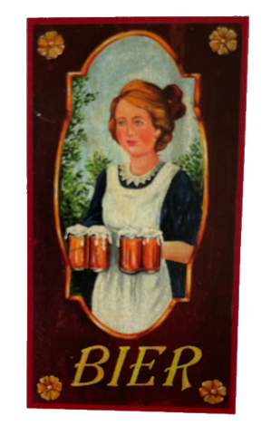 Nostalgie Holzschild Bier Alkohol Wirt Wirtshaus Frau Kellnerin Glas Schild