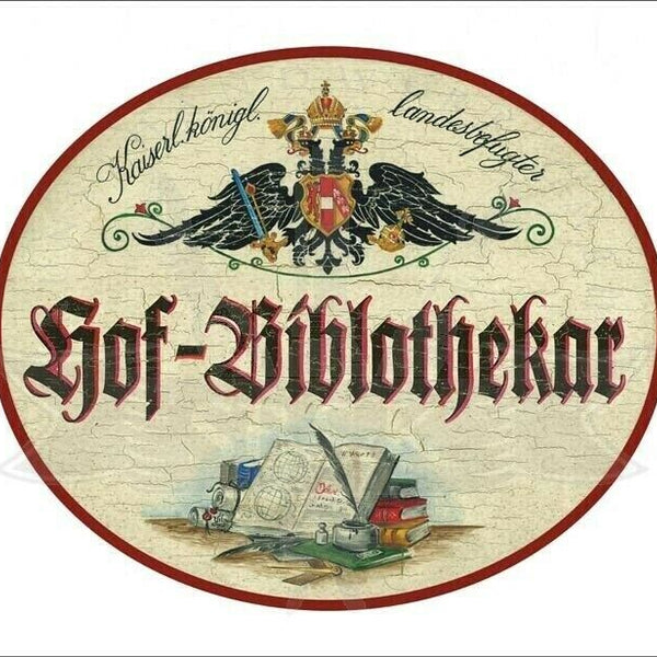 Kuk nostalgie holzschild - landesbefugter hof-bibliothekar - bücher feder th