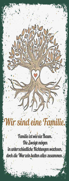 Schild wir sind eine familie wie ein baum zweige richtungen wurzeln zusammen