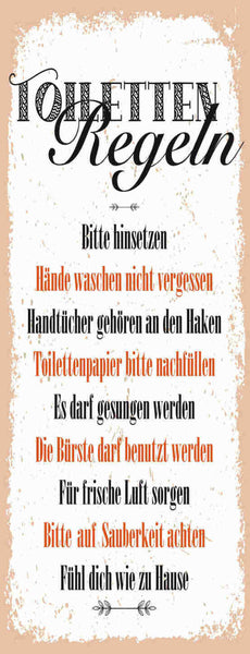 Schild toiletten regeln hinsetzen hände waschen papier bürste 27x10blech od.holz