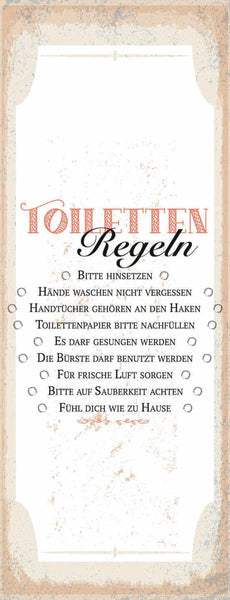 Schild toiletten regeln hinsetzen hände waschen papier bürste 27x10blech od.holz