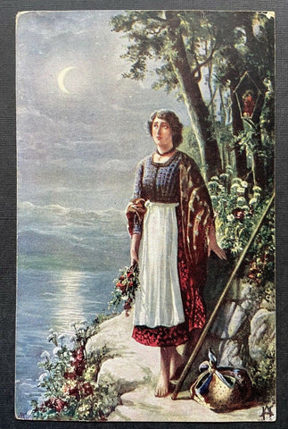 Malerei Abschied v.d. Heimat Frau Kleid Tracht Blumen Mond Meer Wald 410778 TH