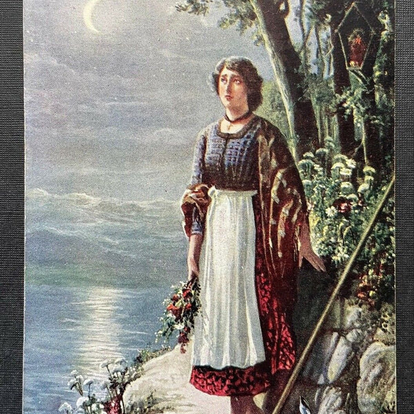 Malerei Abschied v.d. Heimat Frau Kleid Tracht Blumen Mond Meer Wald 410778 TH