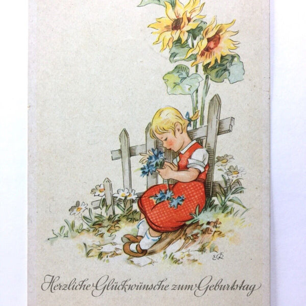Glückwünsche zum Geburtstag - Mädchen mit Sonnenblumen - Künstlerkarte 110091 TH