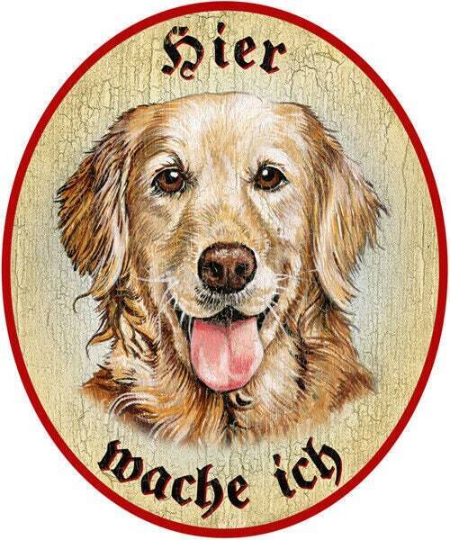 Kuk nostalgie holzschild "hier wache ich" golden retriever hund