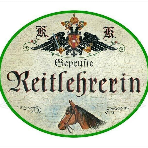 Kuk nostalgie holzschild "geprüfte reitlehrerin" pferd