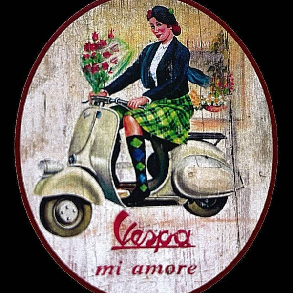 Nostalgie holzschild "vespa mi amore" motorroller frau blumenstrauß