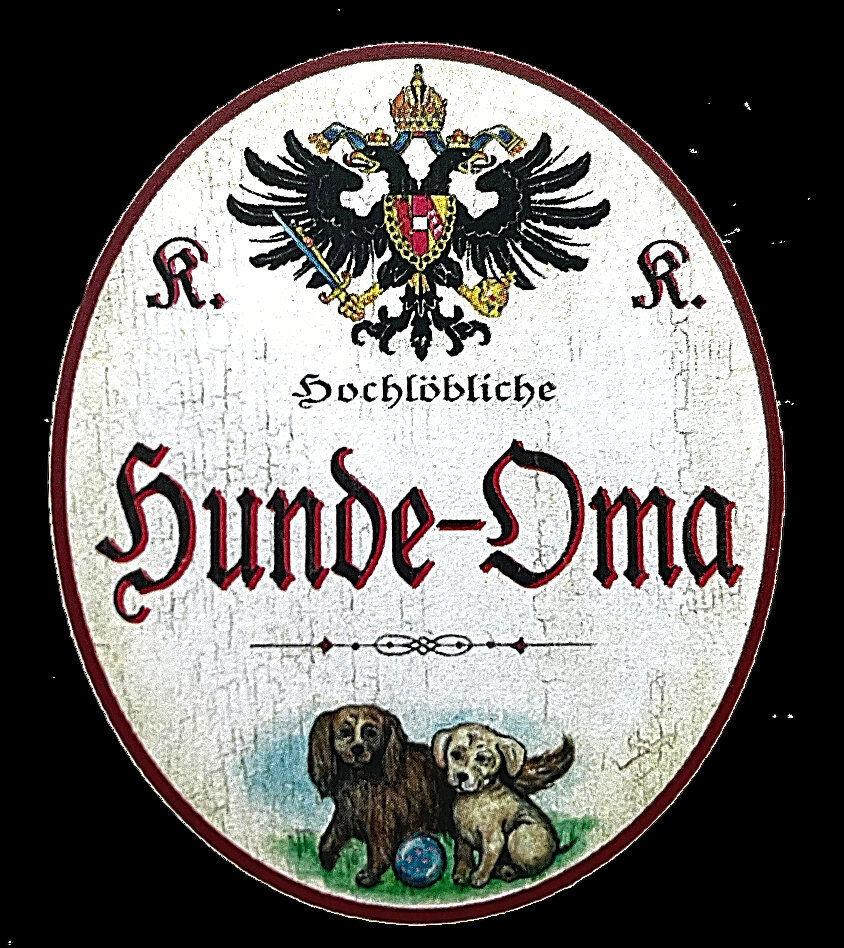 Kuk nostalgie holzschild "hochlöbliche hunde-oma" hundewelpen ball