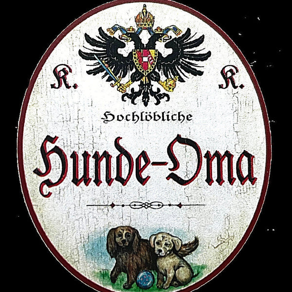 Kuk nostalgie holzschild "hochlöbliche hunde-oma" hundewelpen ball