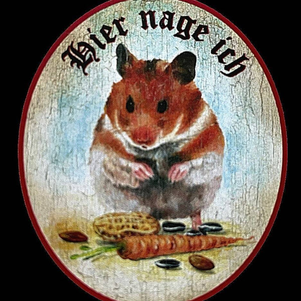 Kuk nostalgie holzschild "hier nage ich" hamster karotte erdnuss futter