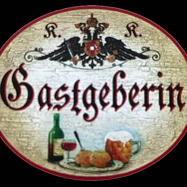 Kuk nostalgie holzschild "gastgeberin" wein bier glas