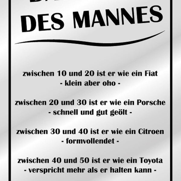Schild Spruch Das Alter des Mannes zwischen 10 und 20 wie ein Fiat Auto JW