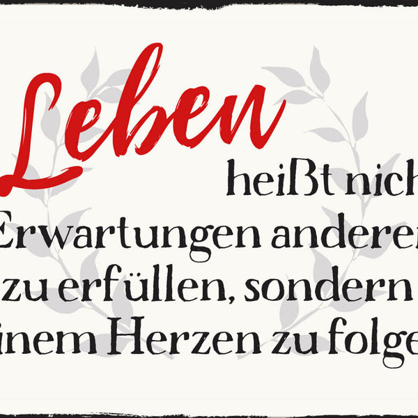 Schild Spruch Leben heißt nicht Erwartungen anderer erfüllen sondern Herzen JW
