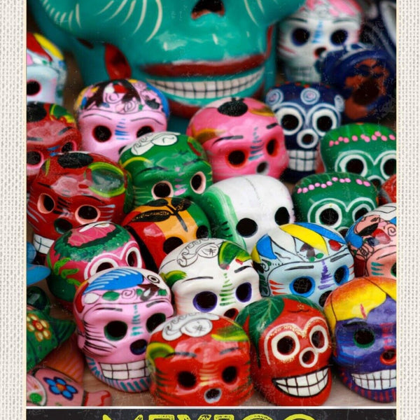 Schild México Mexiko Keramik Schädel Día de Muertos 12x18 20x30 30x40 Blech/Holz