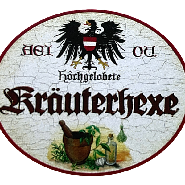 KuK Nostalgie Holzschild "Hochgelobte Kräuterhexe" Flasche Grünzeug