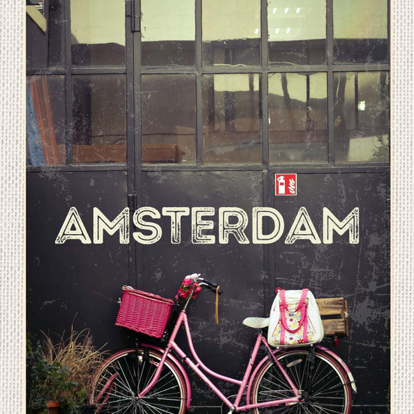 Schild Amsterdam Pinkes Fahrrad Niederlande Holland 12x18 20x30 30x40 Blech/Holz