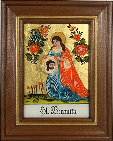 Hinterglaswerkstätten - Hinterglasbild/Patronatsbild Hl. Veronika mit braun gebeizten Holzrahmen, handbemalt mit Legende des Heiligen auf der Bildrückseite, ca. B: 12,5 x H: 16 cm