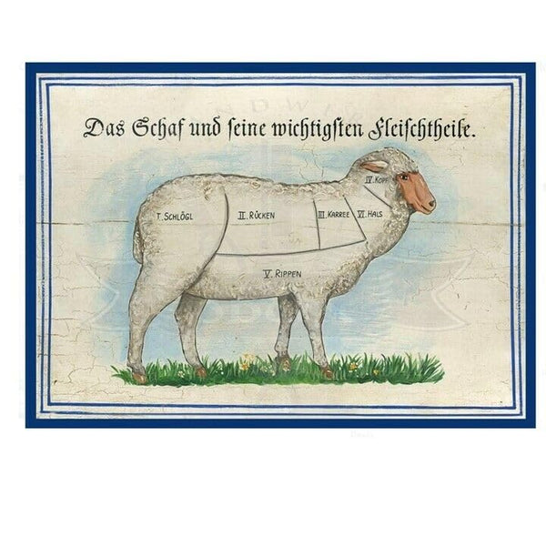 KuK Nostalgie Holzschild "Das Schaf und seine Fleischteile" (Größe: 14x17)