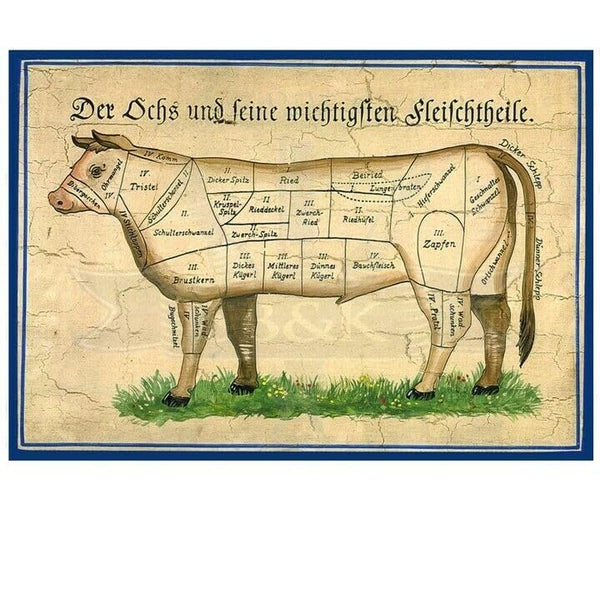 KuK Nostalgie Holzschild "Der Ochs und seine Fleischteile" (Größe: 14x17)
