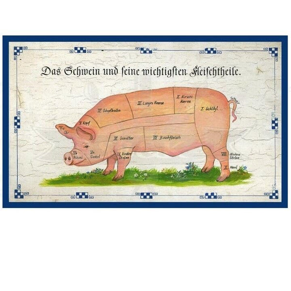 KuK Nostalgie Holzschild "Das Schwein und seine Fleischteile" (Größe: 28x34)