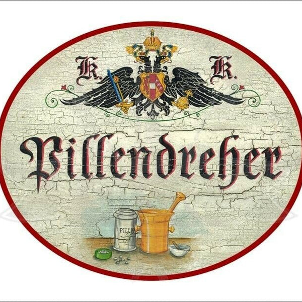 KuK Nostalgie Holzschild - Pillendreher - Mörser Tabletten TH (Größe: 14x17)