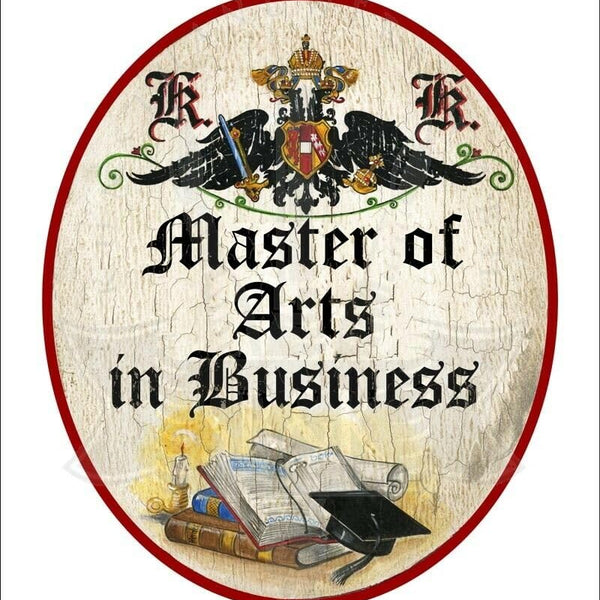 KuK Nostalgie Holzschild - Master of Arts in Business - Bücher Studentenhut TH (Größe: 14x17)