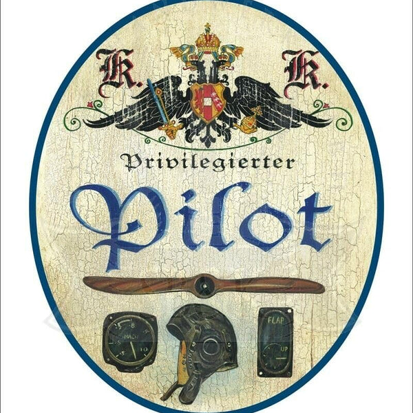 KuK Nostalgie Holzschild - Privilegierter Pilot - Propeller Helm Höhenmesser TH (Größe: 14x17)