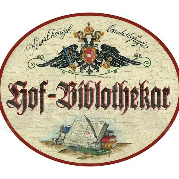 KuK Nostalgie Holzschild - Landesbefugter Hof-Bibliothekar - Bücher Feder TH (Größe: 14x17)