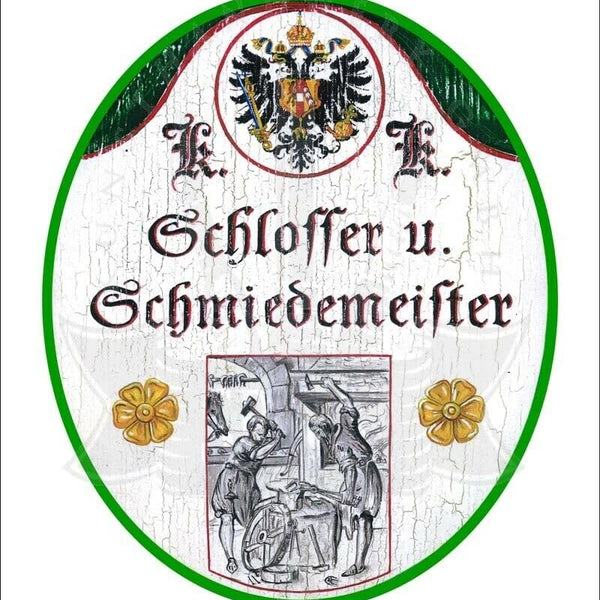 KuK Nostalgie Holzschild - Schlosser u. Schmiedemeister - Amboss Hammer TH (Größe: 19x23)