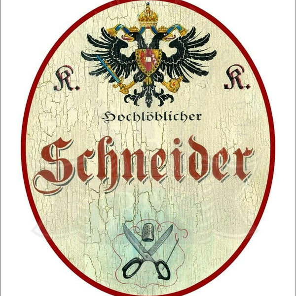 KuK Nostalgie Holzschild - Hochlöblicher Schneider - Schere Fingerhut TH (Größe: 19x23)